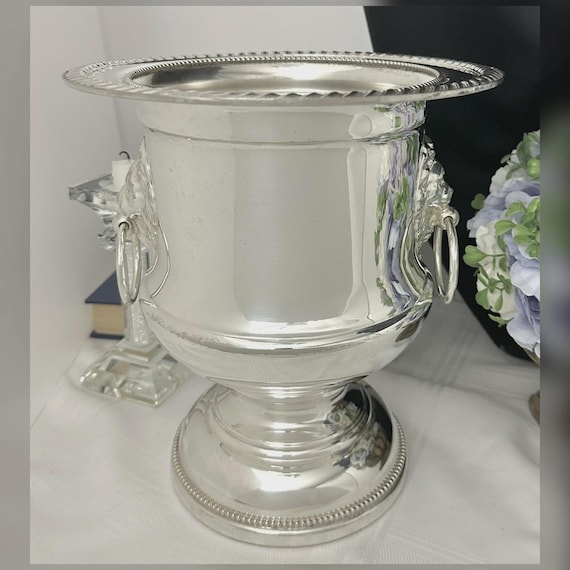 Antique Silver Plated Champagne Bucket Lion Handles / Silver Plated Ice Bucket / German Lion Handled Trophy Urn / Silver Centerpiece Vase