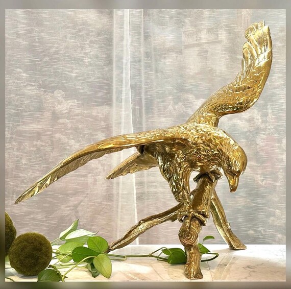 Vintage Brass Eagle Statue / Large Cast American Brass Eagle / Brass Bird on Branch / Vintage Eagle Brass Figurine / 26" x 34" Brass Eagle