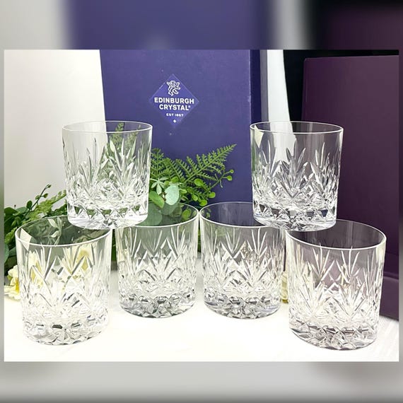 Crystal Edinburgh Old Fashioned Glasses / Edinburgh Crystal Tay Whiskey Glasses / Vintage Edinburgh Barware Glasses in Original Box Set 6