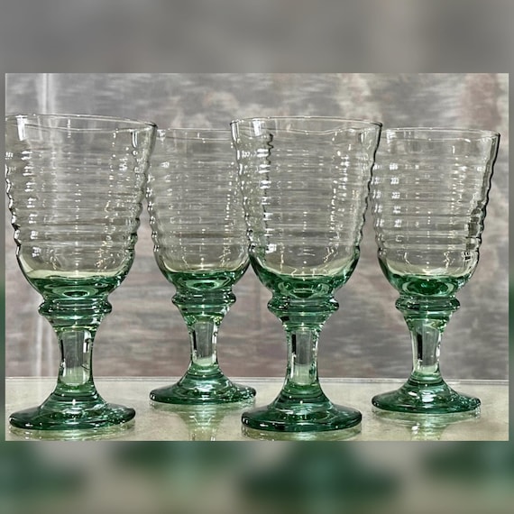Libbey Sirrus Spanish Green Water Goblets Set of 4 Vintage Glasses