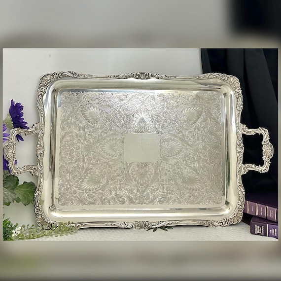Silver Plated Butlers Tea Service Tray / Large Vintage Handled Butlers Serving Tray / Silverplated Tray / Etched Vintage Service Tray
