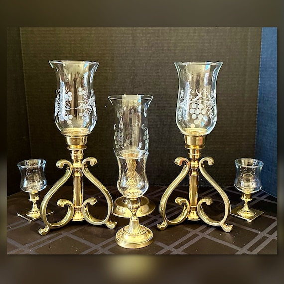 Vintage Candle Holders / Brass Lacquered Candle Holders / Centerpiece Candlesticks / Hurricane Pillar Candle Holders / Vintage Brass Candles