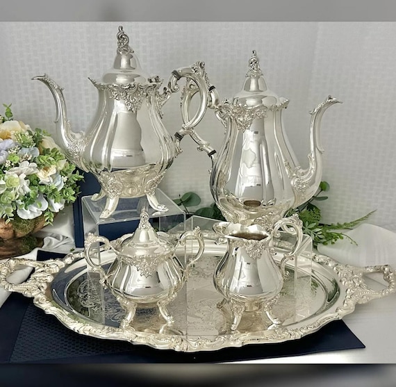 Wallace Baroque Silver Plate Tea and Coffee Set / Baroque Service Set w/ Footed Tray / Wallace Silver Plated Tea Set /  Baroque Tea Set