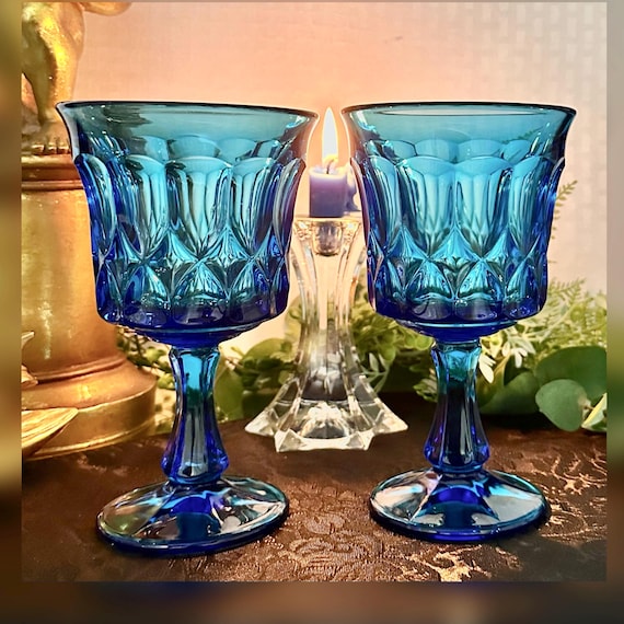 Noritake Perspective Blue Water Glasses / Vintage Noritake Water Glasses / Large Pressed Glasses / Noritake Blue Perspective Water Glasses