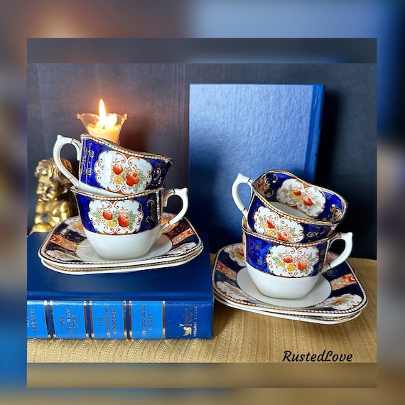 Wood & Sons Napoli Blue / Napoli Flat Cup and Saucer / 4 Cups and Saucer Sets / Vintage Tea Cups / Wood and Sons England / 1920's - 4 Sets *
