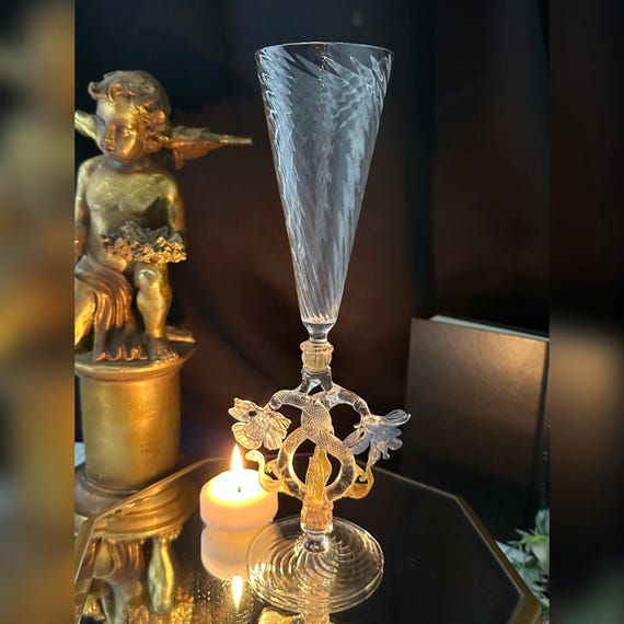 Murano Venetian Hand Blown Champagne Glass / Clear Gold & Blue Italian Champagne Glass / Murano Vintage Champagne Glass / Italian Champagne