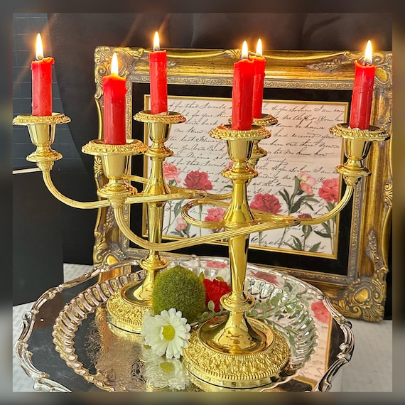 Pair Gold Metal Candelabras / Twisted Gold Toned 3 Arm Candle Holders / Gold Centerpiece Candsticks / Gold Victorian Styled Candle Holders