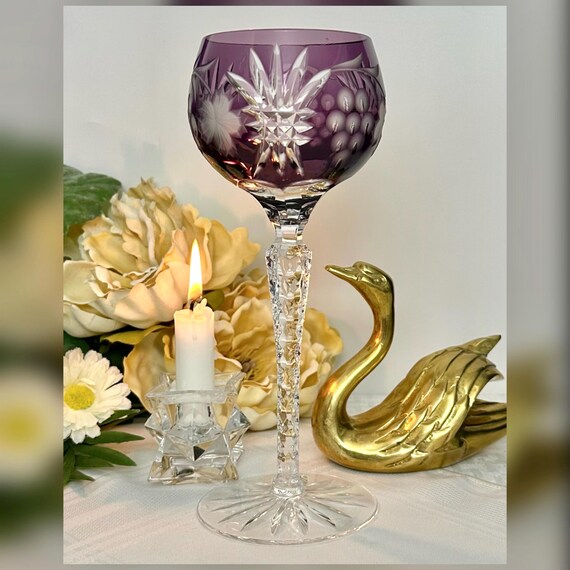 Bohemian Cut to Clear Amethyst Crystal Hock Wine Glass Hungary