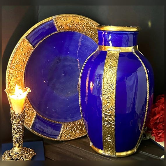 Royal Blue Pottery Vase & Plate Set Brass Trim Handcrafted Ceramic