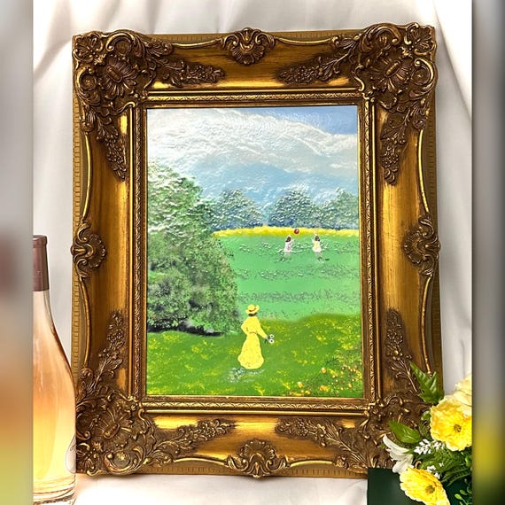 Copper Enamel Painting / Vintage Enamel on Copper Painting / Large Vintage Enamel Framed Picture / Signed Jordon Enamel / Gild Gold Frame