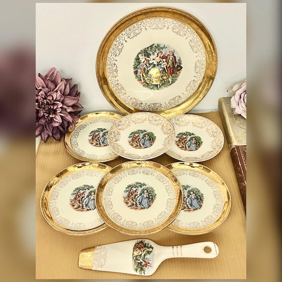 Sabin Crest O Gold Cake Set 8 Pc 22K Gold Vintage Dessert Serving Set
