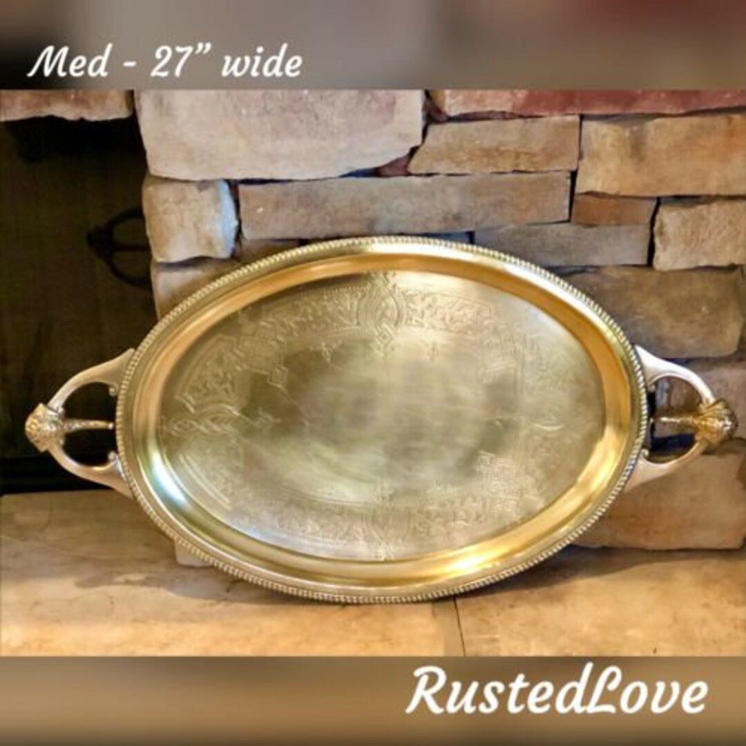 Brass Tray / Vintage Serving Tray / Brass Hand Etched Tray / Handled