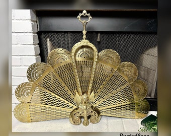 Antique Gargoyle Brass Fireplace Screen / Fireplace Brass Peacock Screen / Gargoyle Folding Fireplace Screen / Antique Fireplace Accessory