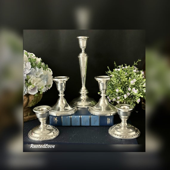 Sterling Silver Candle Holders /  Sterling Console Candlesticks / Candle Sticks Set 5 Pieces / Sterling Silver Centerpiece Candle Holders
