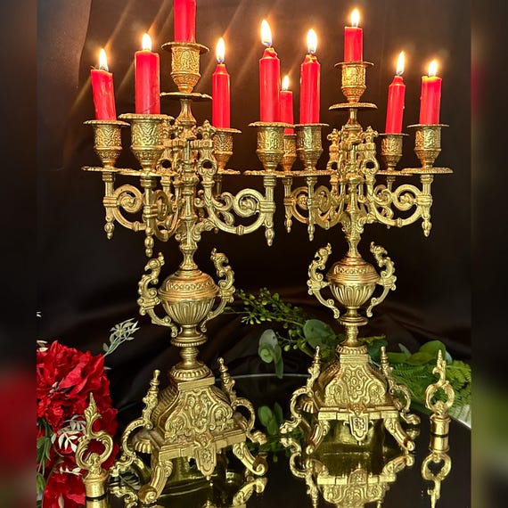 Italian Brevettato Styled Candelabras / Pair Brass Vintage Baroque Candelabras / Italian 5 Arm Large Candelabras / Pair Brass Candelabras