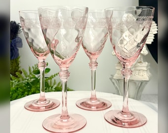 Pink Depression Wine Glasses Ribbed Sides Set of 4 Beautiful - Etsy