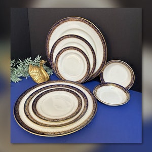 Vintage Dishes / Balmoral Blue John Aynsley / Vintage Blue and Gold China Dishes / Vintage England Bone China / Balmoral Mixed 8 Pieces