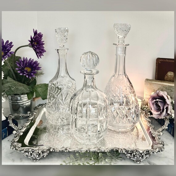 Vintage Crystal Decanters Silver Plated Butlers Tray Bar Cart Decor