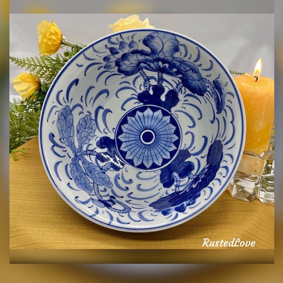 Lotus Decorated Flower Bowl / Vintage Blue and white Hand Painted Bowl / Crafted in Thai Land / Lotus Decorated Flower Vase / Floral Bowl