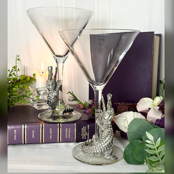 Arthur Court Alligator Martini Glasses / Vintage Safari Martini Glasses w/ Boxes / Alligator Arthur Court Glasses / Martini Glasses - 2 Pc