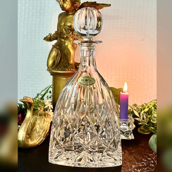 Block Crystal Decanter / Vintage Glass Barware Liquor Decanter w/ Stopper / Crystal Vintage Block Decanter / Liquor Decanter with Stopper