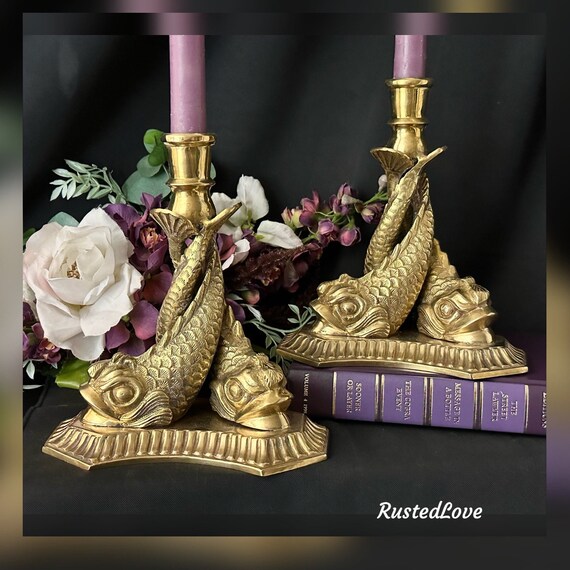 Brass Candlesticks / Vintage Gold Candle Holders / Decorative Crafts Inc. / Polished Brass / Gold Dolphins / Oriental Koi Fish / Elegant Set