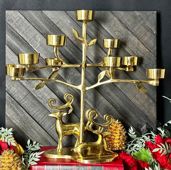 Vintage Brass Christmas Tree Candle Holder Reindeer Tea Light Decor