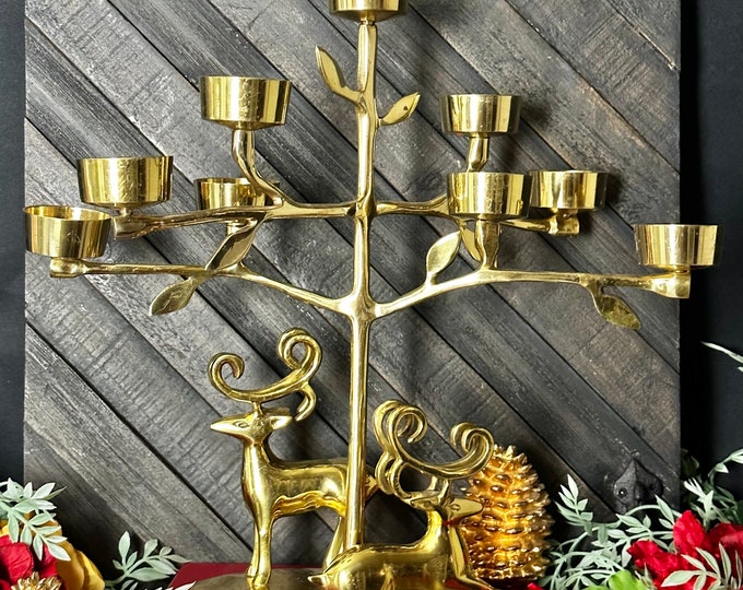 Vintage Brass Christmas Tree Candle Holder Reindeer Tea Light Decor