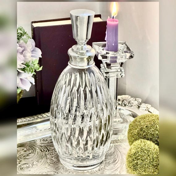 Vintage Hawkes Crystal Decanter, Sterling Silver Lid, MCM Liquor Holder