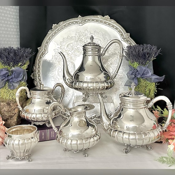 Silver Tea & Coffee Service Set / Spanish Sterling Silver 915/1000 Tea Service / Tea Service and Silver Plated Tray / Vintage Silver Tea Set