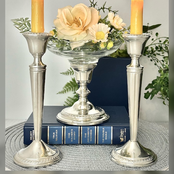 Vintage Sterling Silver Candlestick Holders & Compote Bowl / Classic Silver Candle Sticks with Footed Dish Centerpiece / Elegant Centerpiece