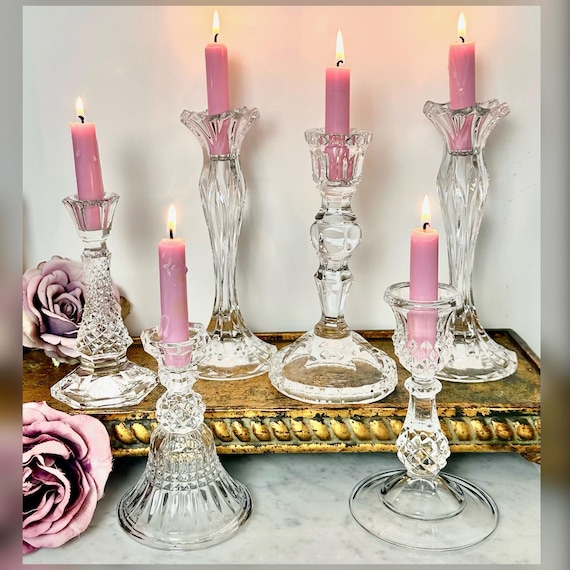 Vintage Crystal Candlesticks Set of 6, Mixed Glass Taper Candle Holders, Table Centerpiece