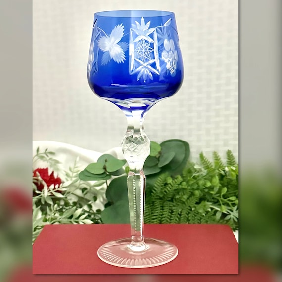 Hortensja Blue Wine Hock Glass / Vintage Royal Blue Hortensia Hock Wine / Blue Bohemian Colored Wine Glass / Blue Cut to Clear Hock Wine - 1
