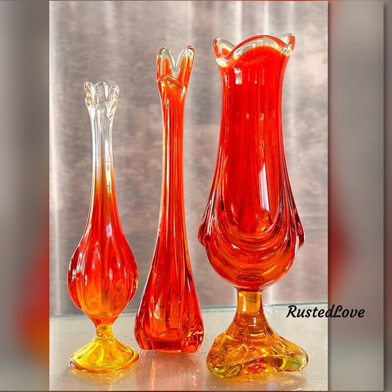 MCM Blown Glass Vases / Amberlina Vases / Mid Century Modern Swung Vases / Transparent Orange Glass Vases /  Decorative Vases / Set 3 Vases