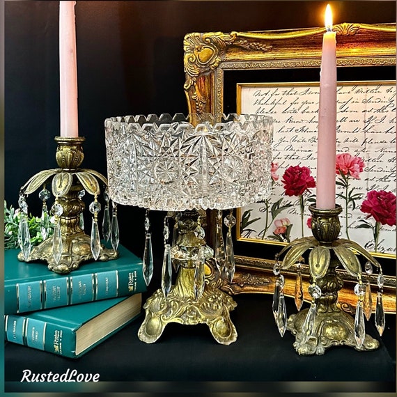 Centerpiece Bowl / Candle Holder Set / Vintage Crystal Bowl / Vintage  L & L WMC / Candy Bowl / Victorian Centerpiece / Vintage Candlesticks