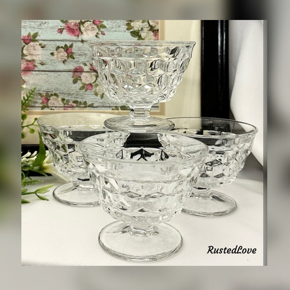 Fostoria American Clear / Fostoria Sundae Glasses / American Clear Pressed Glasses / Vintage Cube Motif / American Clear Desert Glasses - 4