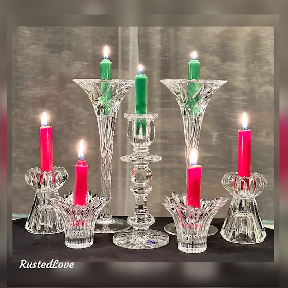 Crystal Candle Holders Set / Glass Candlesticks Mixed Styles /  7 Wedding Holiday Clear Candlesticks / 7 Centerpiece Dinner Candle Holders