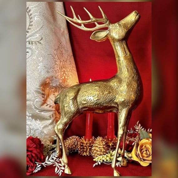 Vintage Solid Brass Buck Deer Statue Large Woodland Lodge Decor