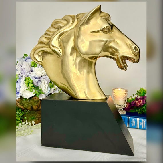 Vintage Brass Horse Head Sculpture Mid Century Modern Equestrian Decor Hollywood Regency Statue