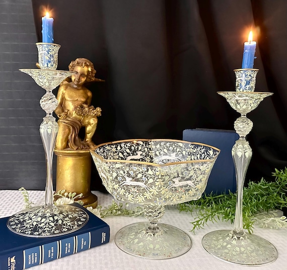 Antique Moser Salviati Canine and Foliate Venetian Glass Garniture