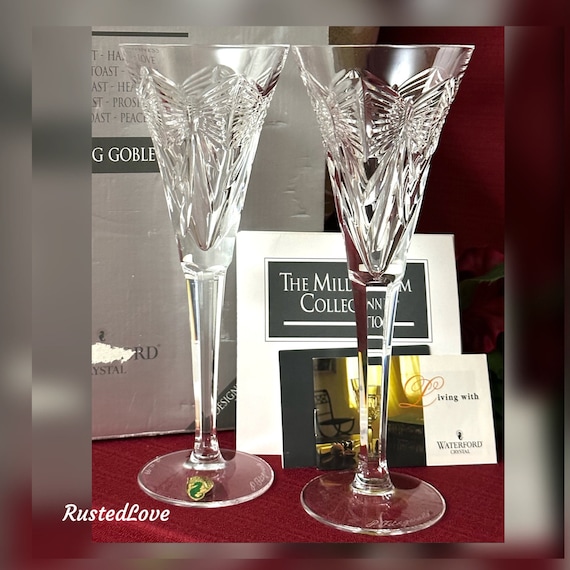 Waterford Peace Champagne Glasses / Vintage Signed Fitzgerald 12/12/99 Champagne Flutes / Waterford Millennium Wedding Toasting Flutes - 2
