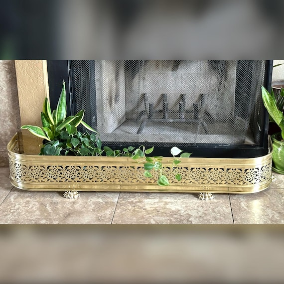 Antique Brass Fireplace Fender / Pierced Brass Lion Paw Fireplace Fender / Brass Lion Paw Footed Fireplace Fender / Fireplace Fender