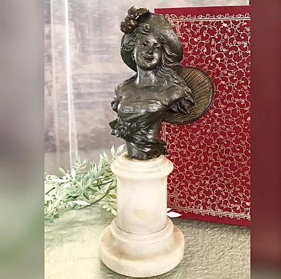 Antique Spelter Bust on Alabaster Art Nouveau Victorian Woman in Hat