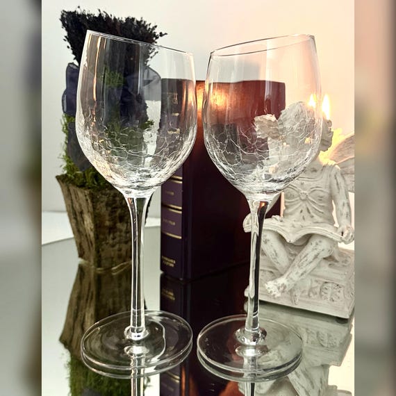 Pier 1 Crackle Angled Wine Glasses / Angled Rim Pier 1 Blown Wine Glasses / Vintage White Wine Goblets / Pier 1 Angled Rim White Wine Glass