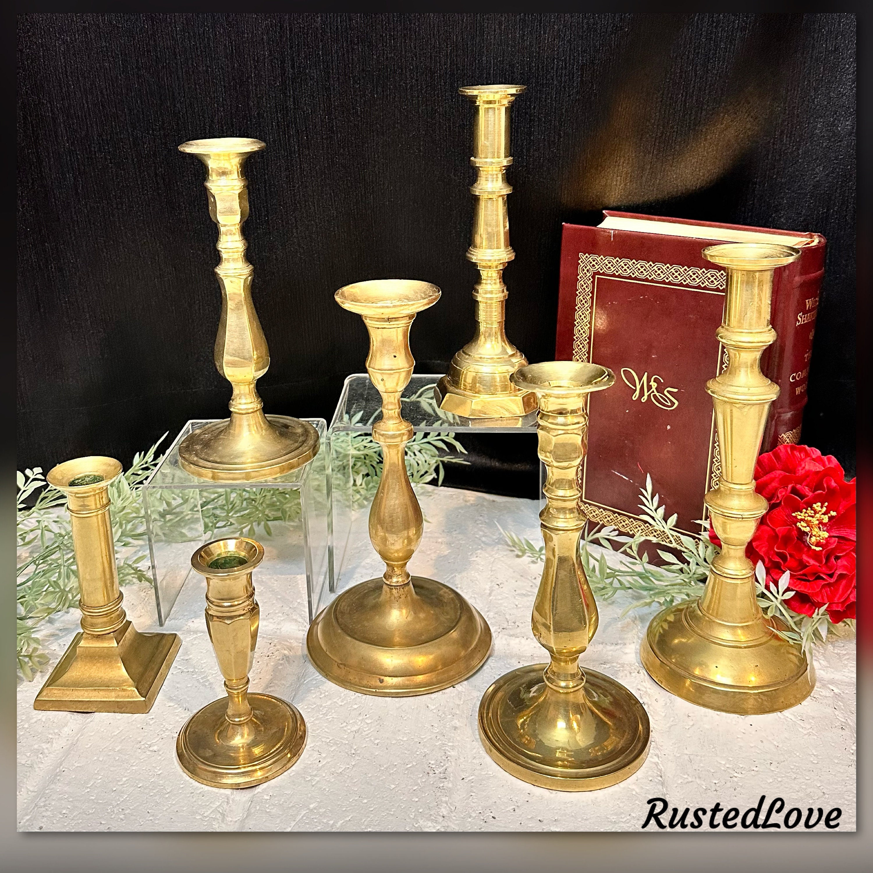 English Brass Candlestick With Push up Rods , Antique 19th Century  Victorian Brass Beehive Candlestick Holders 