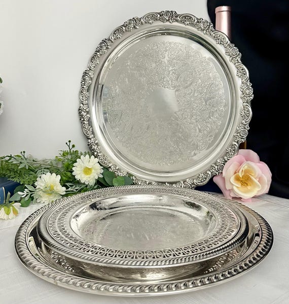 Vintage Silver Plated Serving Trays / Elegant Tea Decorative Trays / Silver Plated Round Centerpiece Trays / Set Tea Trays - 3