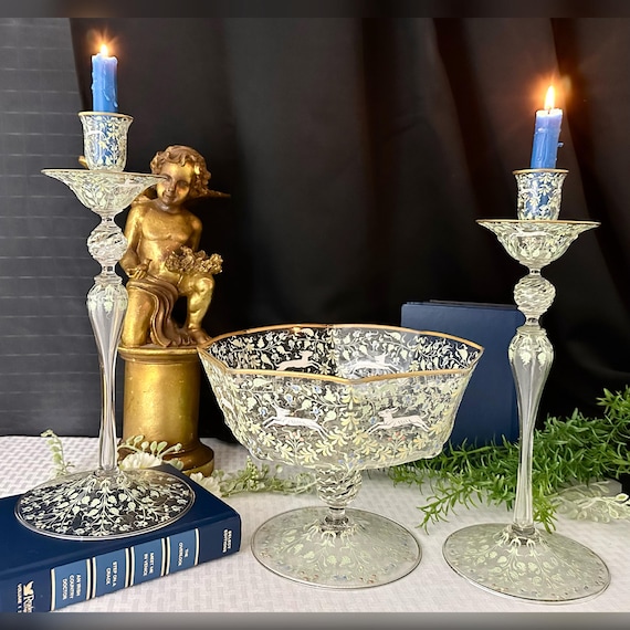 Moser Salviati Canine and Foliate Bowl & Candlesticks / Antique Salviati Venetian Candlestick Centerpiece Bowl / Salviati Canine and Foliate