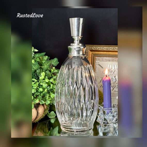 MCM Crystal Hawkes Decanter / Vintage Hawks Sterling Silver Lidded Decanter / Vintage Signed Liquor Holder / Hawkes Silver Lidded Decanter
