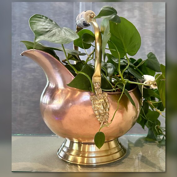 Copper Coal Scuttle Bucket / Vintage Brass Fireplace Bucket / Copper Bucket with Blue & White Porcelain Handle / Copper and Brass Planter