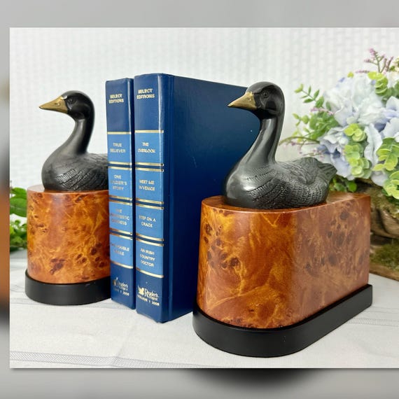 Duck Book Ends / Brass Ducks on Faux Wood Book Holders / Duck Book Desk Decor / Vintage Duck Bookends / Vintage Brass Duck Book Ends